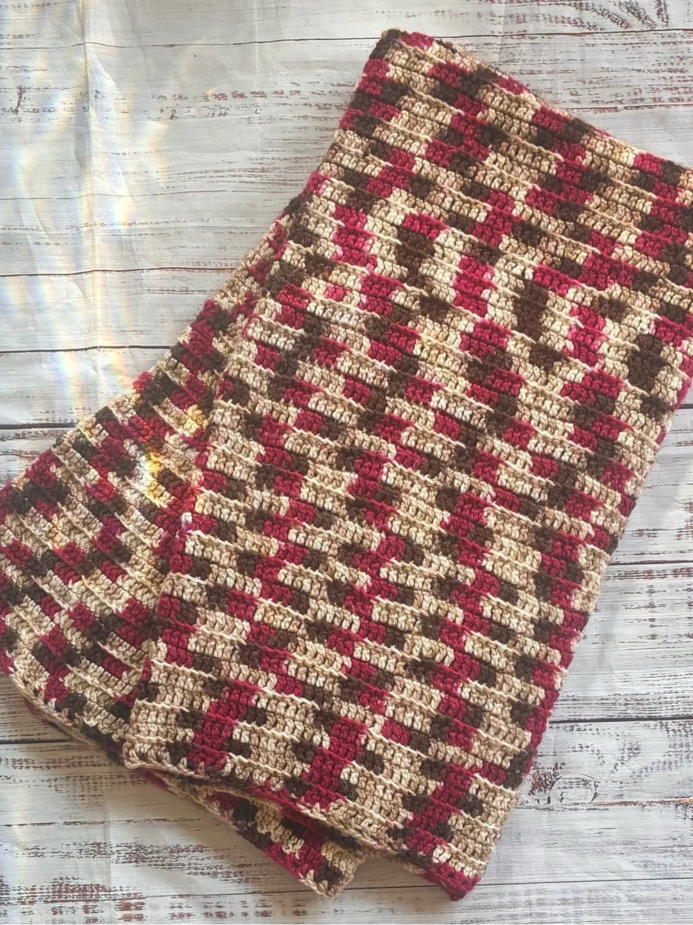 Handmade Crocheted Scarf in Cream, Brown & Red 60” x 60”